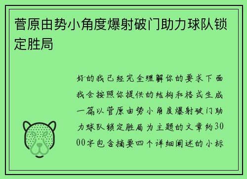 菅原由势小角度爆射破门助力球队锁定胜局