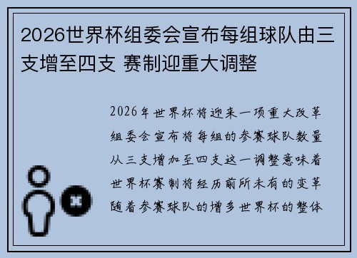 2026世界杯组委会宣布每组球队由三支增至四支 赛制迎重大调整